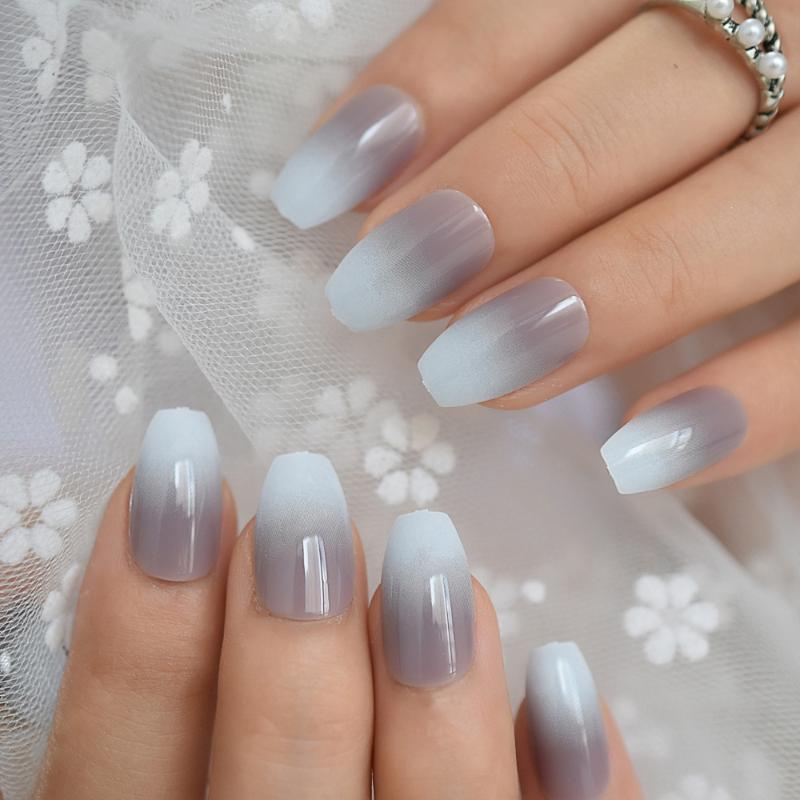 

24Pcs Ballerina Ombre French Fake Nails Gradient Gray Coffin Flat Artificial False Nail Tips for Office Home Faux Ongle Sticker, L5197