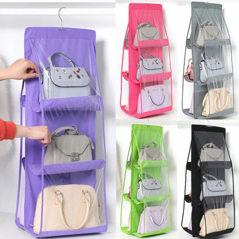 

6 Layer Double Sided Bag Hanging Non Woven Hanging Handbag Storage Bag Wardrobe High Capacity Clothing Storage, Green