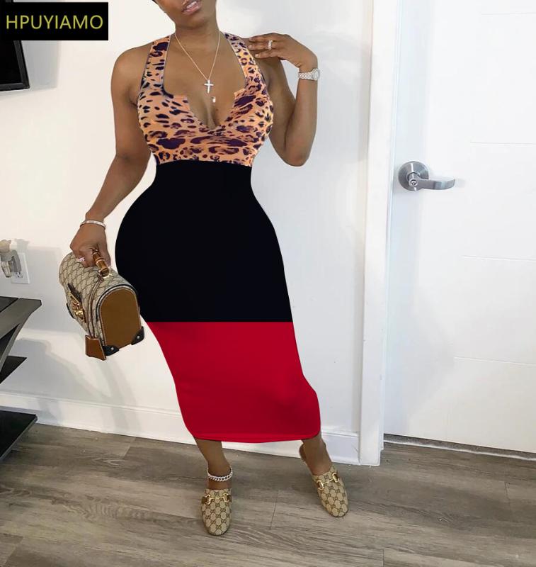 

HPUYIAMO leopard print patchwork women sleeveless v-neck bodycon tank midi mid-calf dress club sexy party pencil dresses, Red black leopard