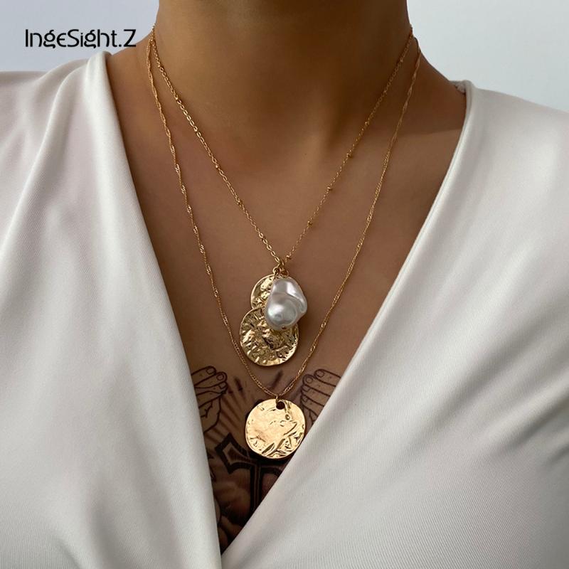 

IngeSight.Z Punk Multi Layered Imitation Pearl Choker Necklace Collar Gold Color Carved Coin Pendant Necklaces for Women Jewelry