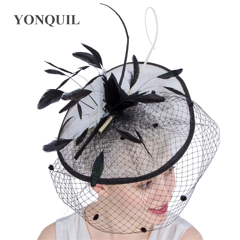 

3Colors Wedding Holiday Vintage feather flower Fascinators Derby Cocktail Hats Women dot Veil Headband wedding party hair Accessories SYF177