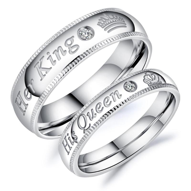 

BONISKISS 2020 Fashion Stainless Steel Couple Rings For Women Men Her King and His Queen Crystal Wedding Rings Couple Jewelry