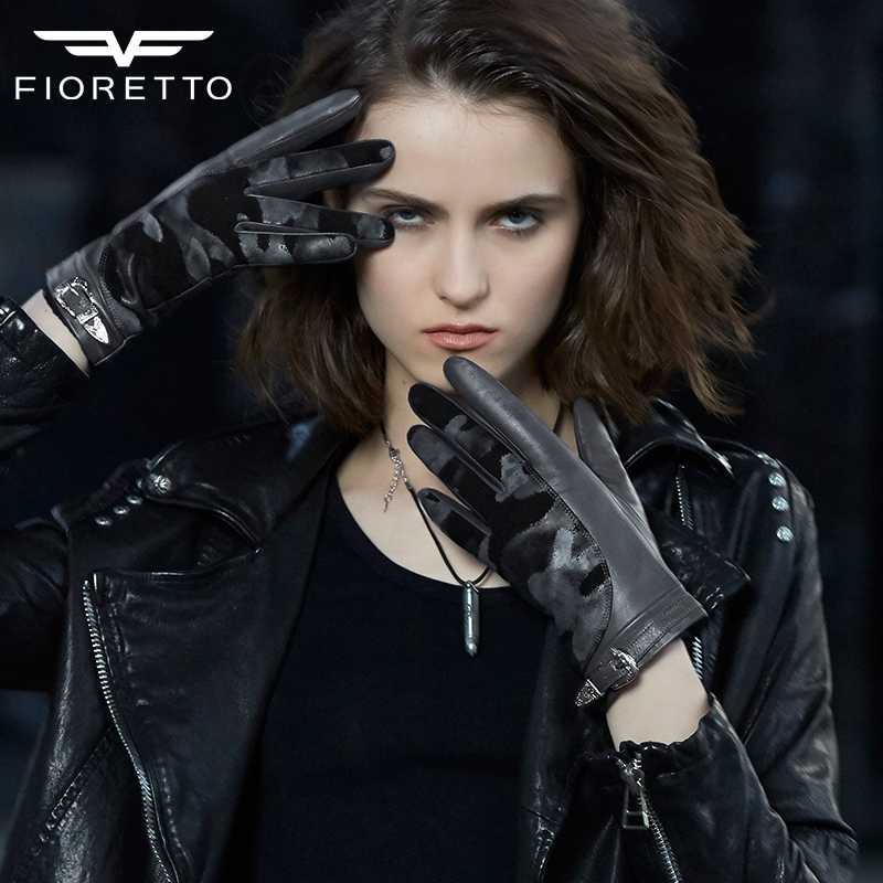 

FIORETTO Women Touchscreen Leather Gloves Mittens Camouflage Winter Thermal Lined Two Tone Leather Driving Gloves Buckle Patch