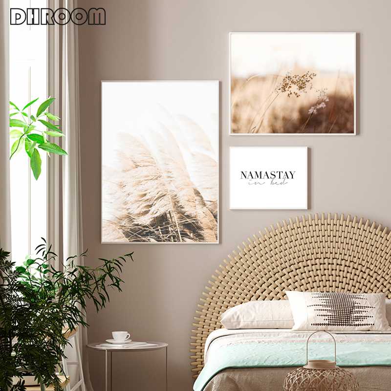

Pampas Grass Canvas Print Painting Minimalist Picture Scandinavian Namastay In Bed Quote Poster Nordic Style Bedroom Decoration