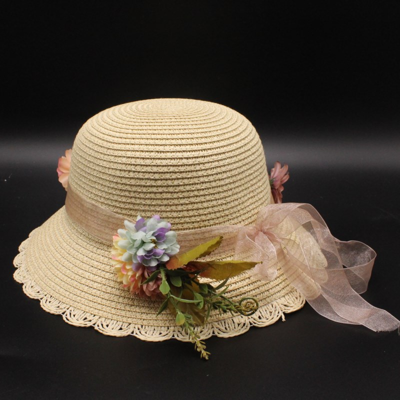 

Seioum 2020 new Summer Fashion Sun Hats For Women Flower Floral Seaside Short Eaves Straw Hat Girls Flat top Straw, Beige
