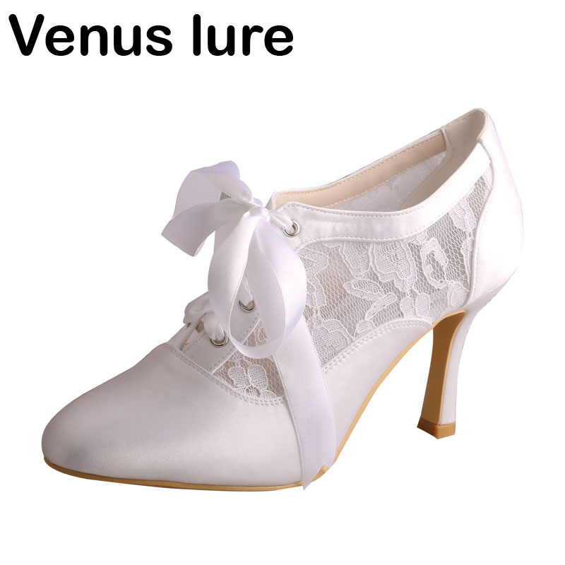 

Customized Heel Ribbon Tie Bridal Boot High Heel White Bride Shoes Closed Toe, Ivory