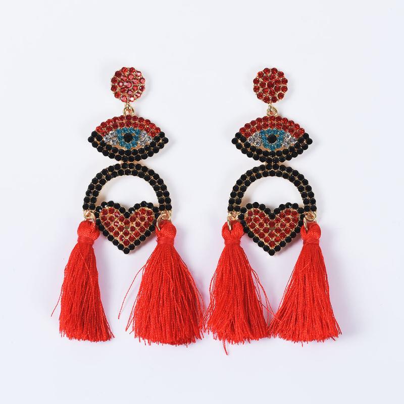 

Fashion Tassel Long Dangle Earrings Women Luxury Crystal Rhinestone Evil Eyes Large Drop Earrings Boho Ethnic Big Fringe Earring