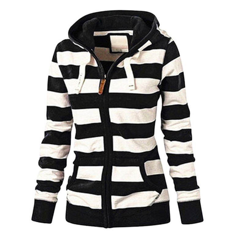 

Winter Jacket Womens Zipper Tops Hooded Striped Sweatshirt Coat Plus Size New Jacket Casual Slim Jumper Coat Dropship L#12, Black