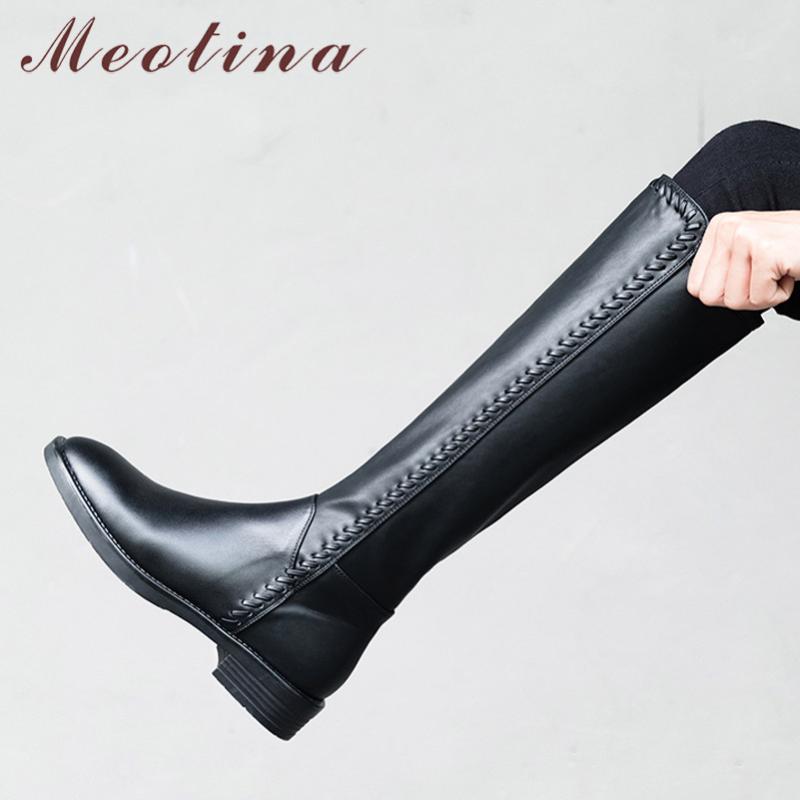 

Meotina Winter Knee High Boots Women Natural Genuine Leather Thick Heel Riding Boots Zip Round Toe Shoes Lady Autumn Size 34-39, Black synthetic lini