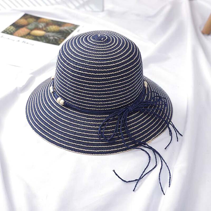 

XEONGKVI Korean Stripe Beads Adult Sun Hats Summer Brand Wide Brim Ribbon Straw Hats For Women Beach bucket Cap 56-58CM, Black