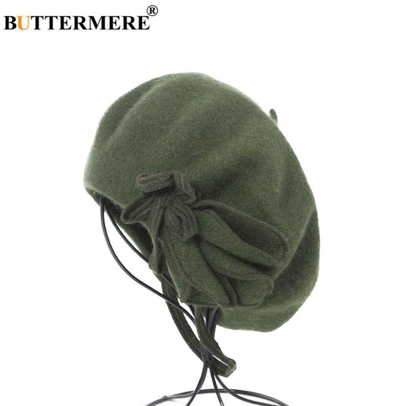 

BUTTERMERE Wool French Beret For Women Green Elegant Painters Hats Ladies Solid Bowknot Female Beret Autumn Winter Artist Cap, Green beret