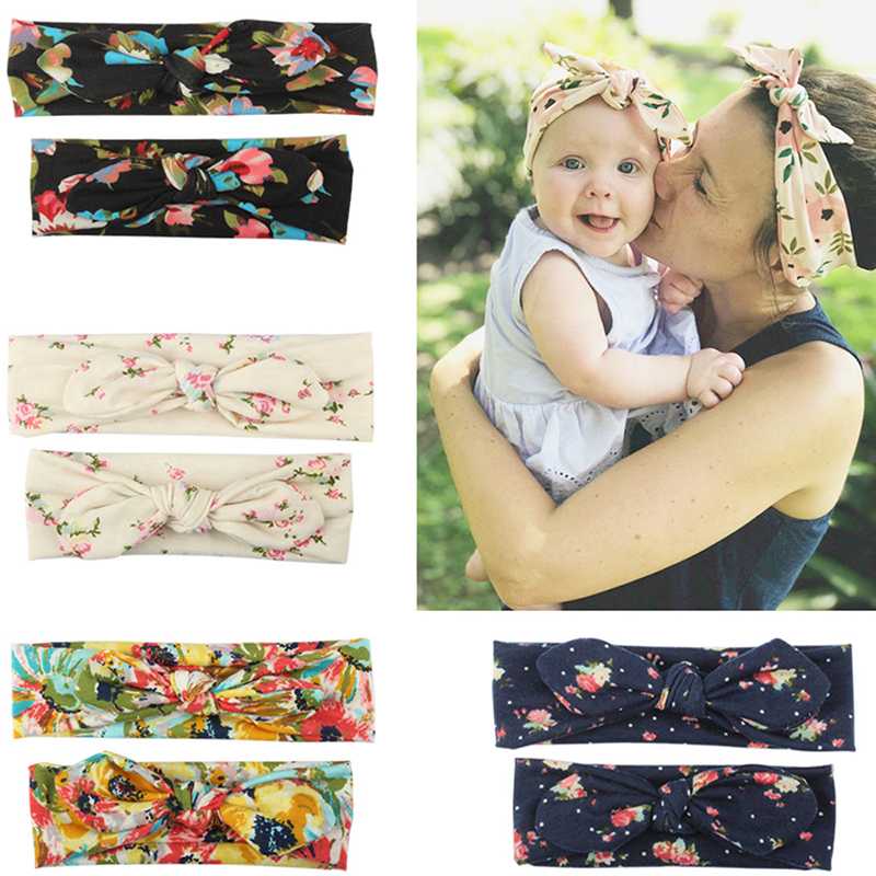 

2PCS Mama & Baby Multi Purpose Headwear Print Bowknot Elastic HeadBands For Women Children Tuban Baby HairBands Hair Accessories
