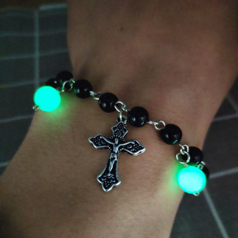 

New Style Cross Luminous Men Charm Bracelet Fashion Glow In The Dark Natural Stone Bead Bracelet Women Fluorescence Jewelry
