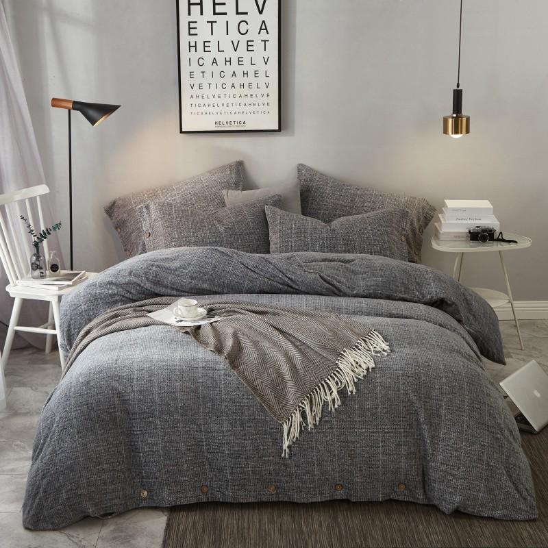 

Cotton Fleece Sleep Warmth Bedding set Queen King size 4Pcs Navy Blue/Grey Stripes Button Duvet Cover Flat/Fitted Bed sheet set, Color 1