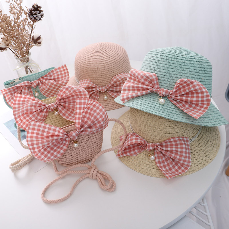 

Summer Children Bow Straw Hat Girl Beads Bags Sunscreen Caps Gift Beach Hats Accessories