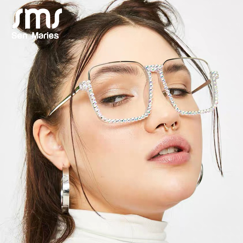 

Sunglasses Sen Maries Diamond Square Women Fashion Clear Lens Crystal Frame Gradient Blue Elegant Female Eyewear UV400