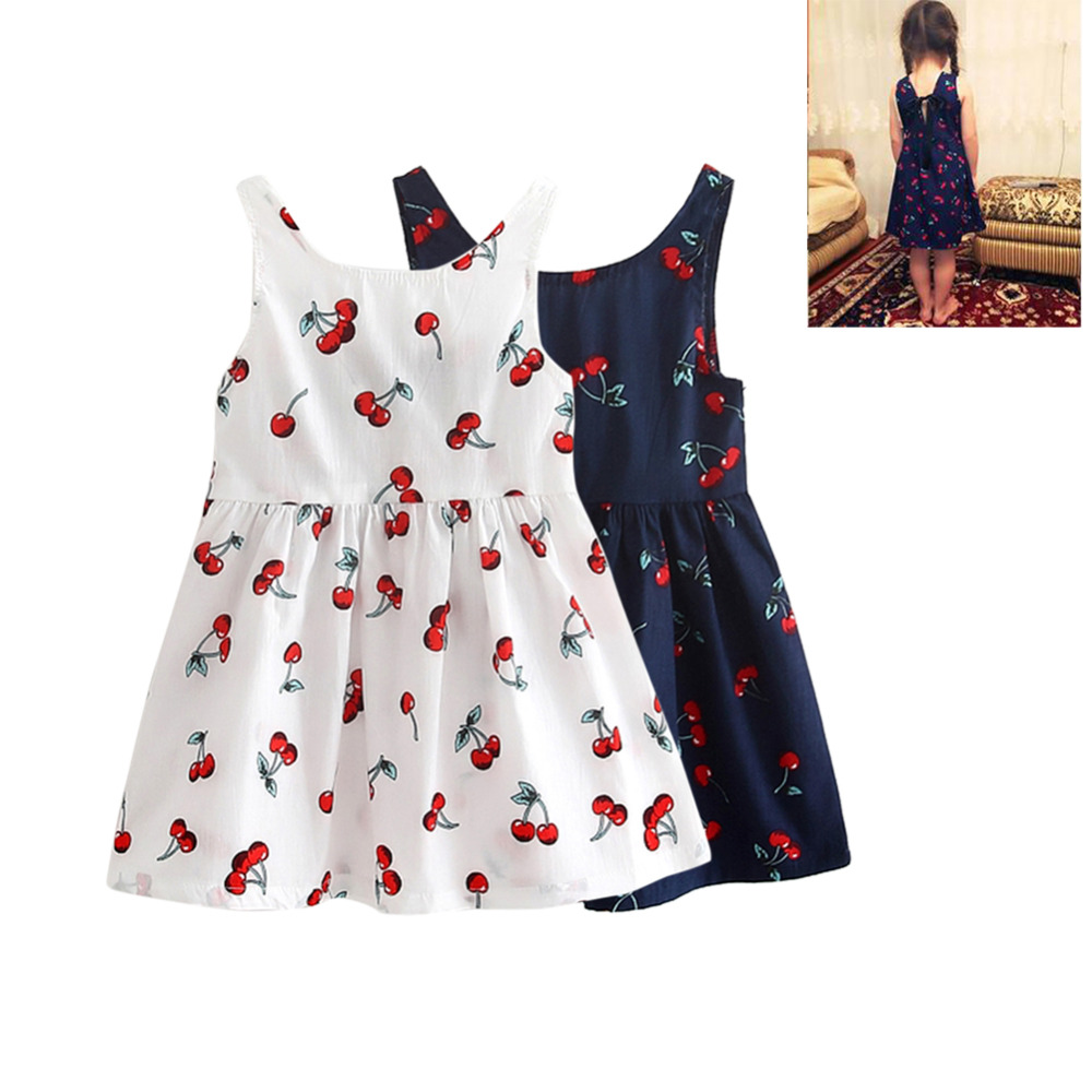 

2019 Girls Summer Dresses Kids Cotton O-neck Short Sleeeve Cherry Print Bow Decor Backless A-line Princess Cute