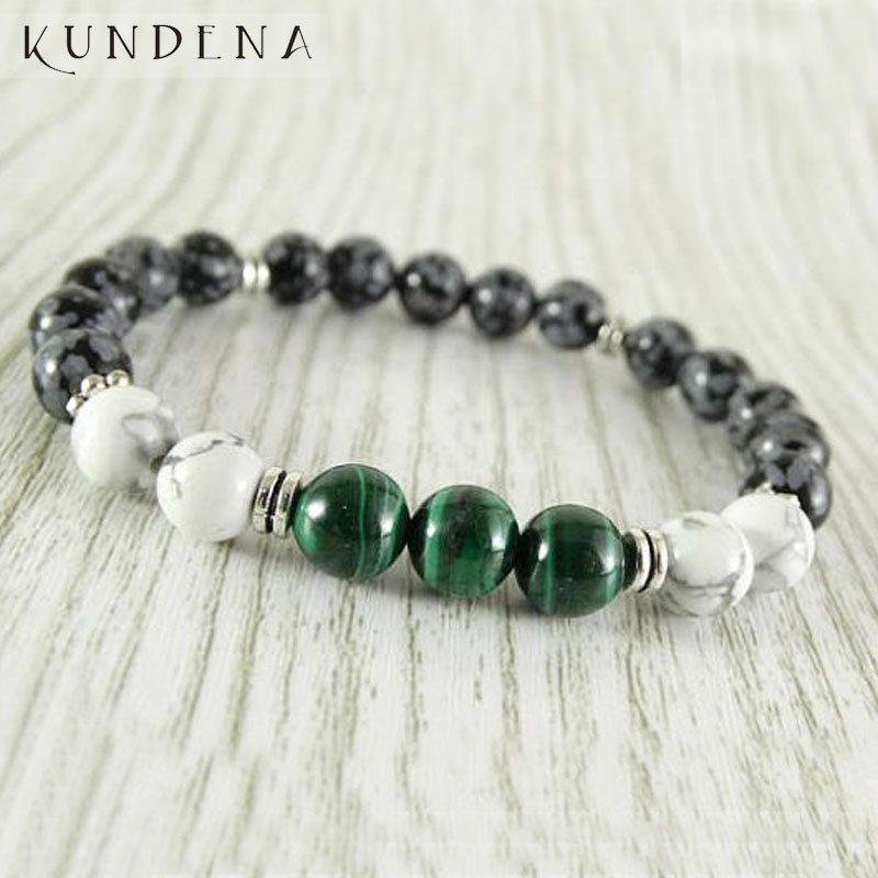 

Natural Stone Mala Bracelet for Men Malachite & Howlite Snowflake Stone beaded Healing Wrists Unisex Stretch bracelet