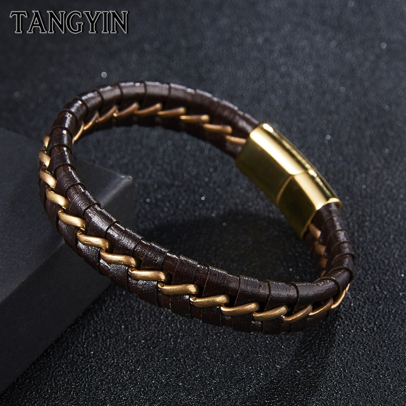 

Handmade Punk Men Leather Bracelet Vintage Single Layer Woven Gold Metal Bracelet Men's Jewelry Fashion Bangles & Bracelets Gift