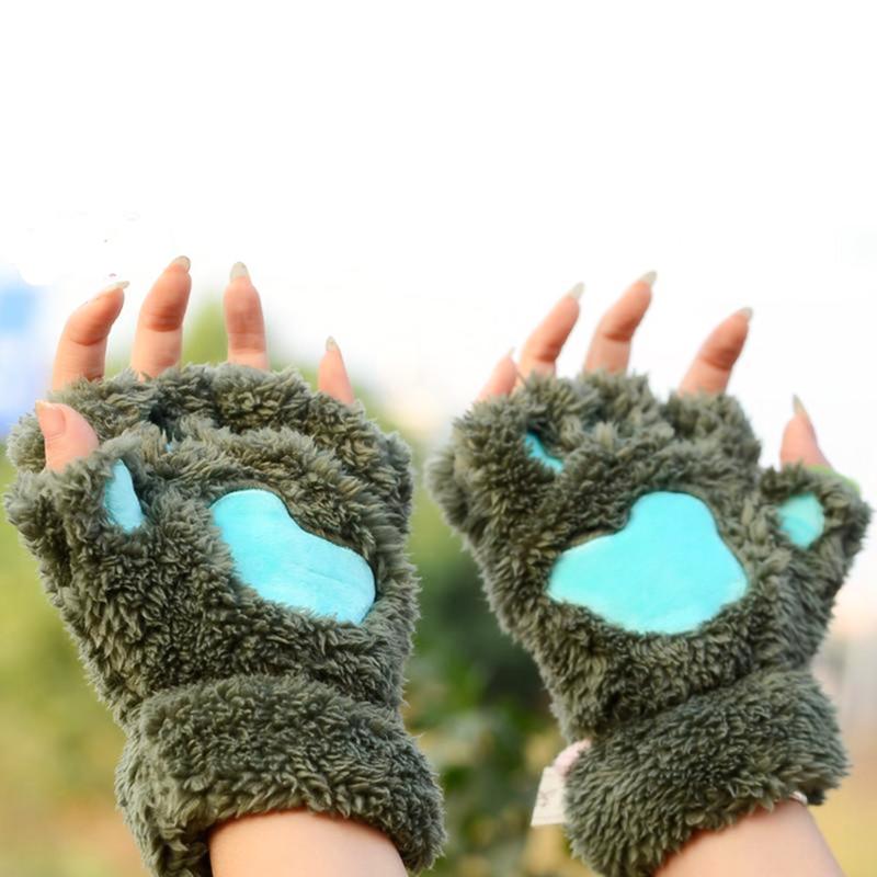

Women Cute Cat Claw Plush Mittens Warm Soft Plush Short Fingerless Fluffy Bear Cat Gloves Costume Half Finger