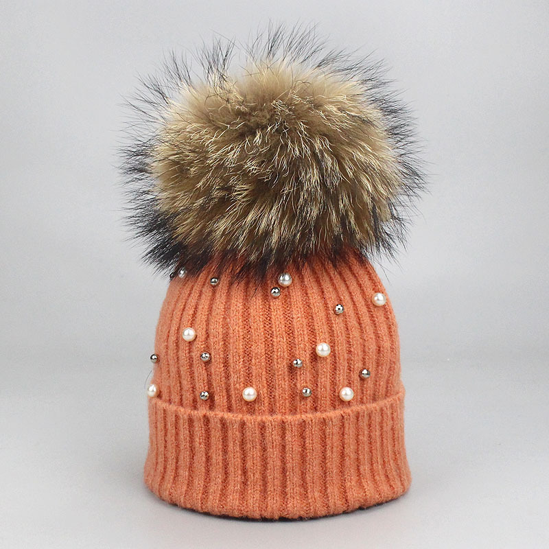 

New Wool Beanies Women Real Natural Fur Pom Poms Fashion Pearl Knitted Hat Girls Female Beanie Cap Pompom Winter Hats for Women, White