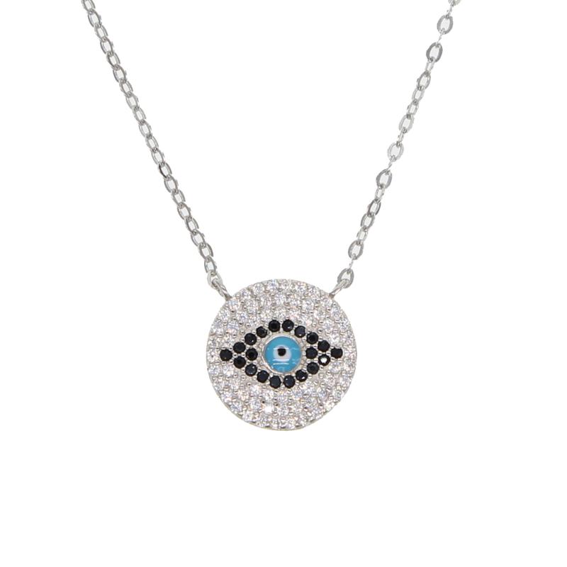 

Simple geometric Round disk pendant micro pave evil eye shape 925 sterling silver cz eye necklace