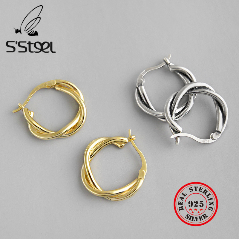 

S'STEEL Weave 925 Silver Hoop Earrings For Women Gold Earings Bijoux Argent 925 Massif Pour Femme Aretes De Plata Fine Jewelry