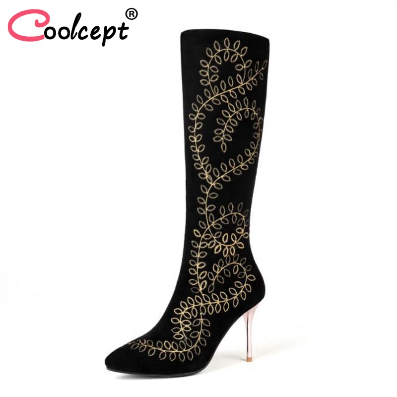 

CoolCept Size 31-45 Women Real Leather Boots Knee High Winter Warm Fur Shoes Woman Thin High Heel Embroider Flower Long Boots, Black