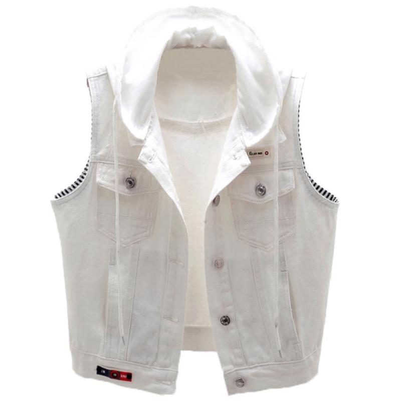 

plus size 5XL!White Hooded Denim Women' Vest Autumn Veste Femme Casual Short Sleeveless Jeans Jackets Coats Single-breasted