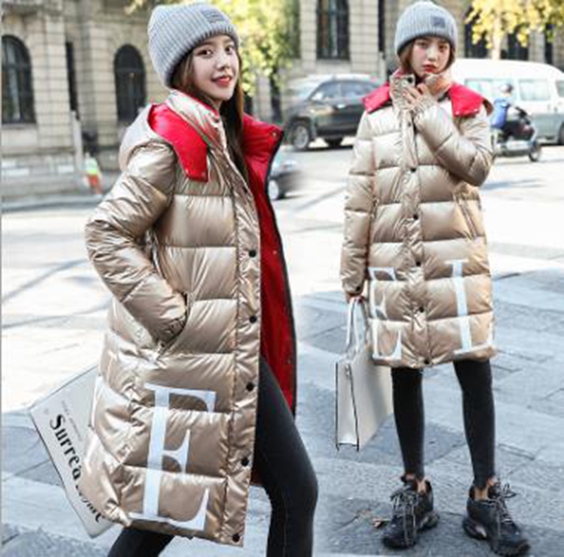 

Wholesale mid-length women's new winter shiny casual hooded cotton jacket, Silver