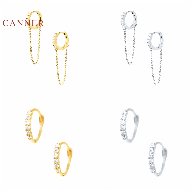 

Hoop & Huggie CANNER Real 925 Sterling Silver Earrings For Women Classic Round Tassel Chain Hoops Zircon Diamond Jewelry Pendientes