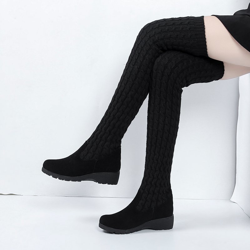 

PUPUDA Wedges Boots Women Winter Knee High Boots Women Platform Chunky 2020 New Casual High Shoes, Black