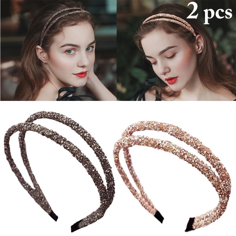 

2pcs Korean Style Women Glitter Rhinestone Headband Faux Crystal Jewel Hair Hoop Metallic Hair Ornaments Accessories