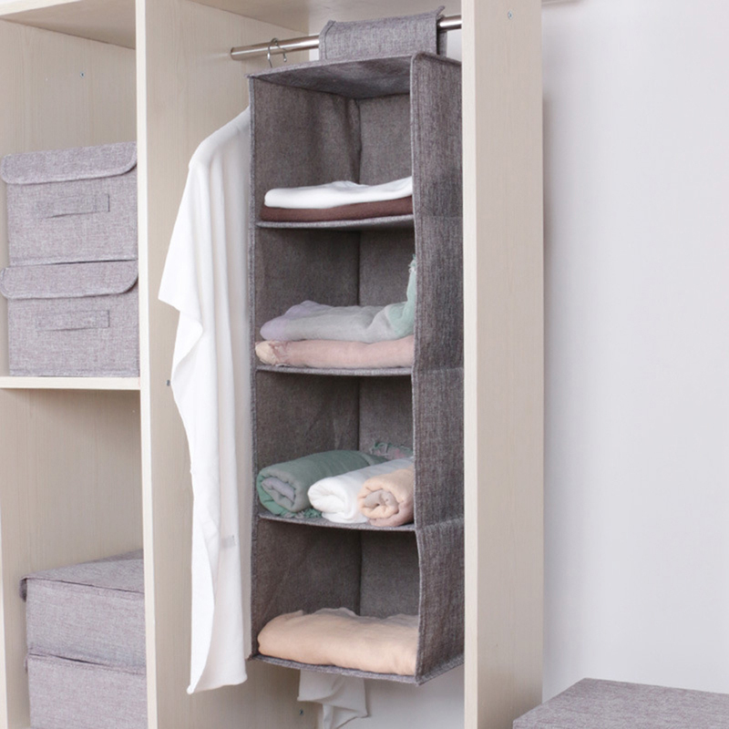 

1pc Cotton And Linen Multilayer Wardrobe Storage Hanging Bag Storage Rack Bedroom Clothes Shoe Box, Beige-three layers