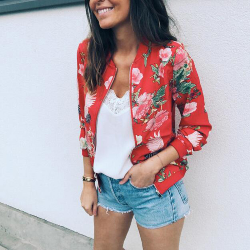 

Women' Jacket Floral Printed Long Sleeve O Neck Tops Sweatshirt Spring Slim Womens Coats and Jackets Outwear Zipper Plus Size, Black