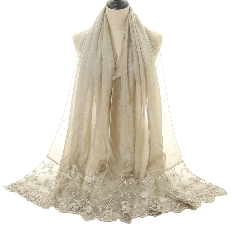 

New arrival lace embroidered cotton scarf hijab plain floral shawl pearl muslim women headband turban large size Islam scarves