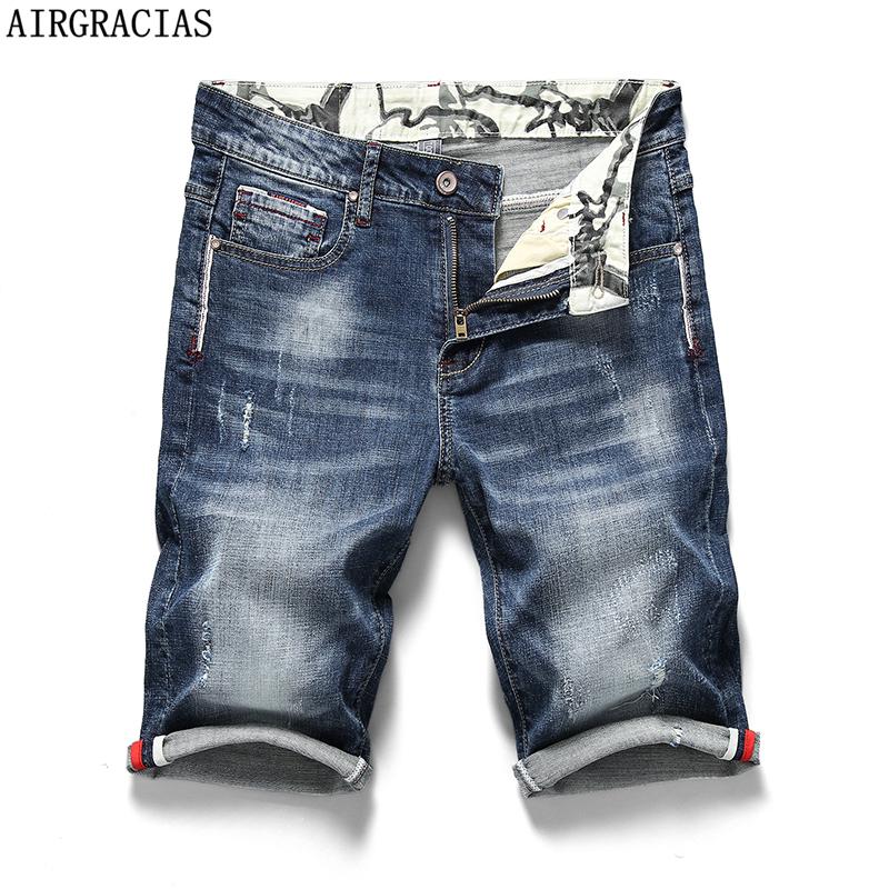 

AIRGRACIAS 2019 Summer New Men's Stretch Short Jeans Fashion Casual 98% cotton High Quality Elastic Denim Shorts Brand Clothes, Blue