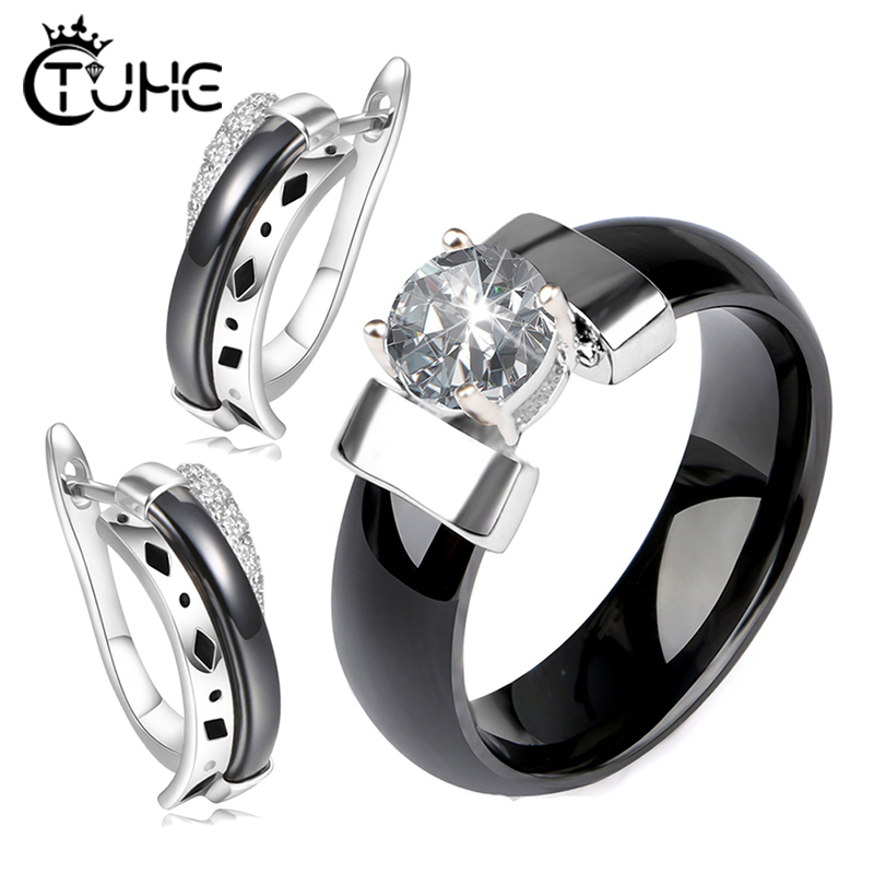 

Bling Rhinestone Ceramic Jewelry Sets For Women 6mm Ring Stud Earring Set Ceramic Material Crystal Female Jewelry Sets Gift, As pic