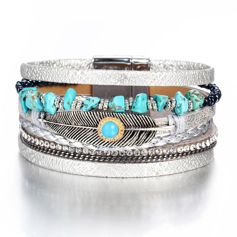 

New Fashion Faux Leather bracelet Vintage Bohemian Handmade Feather Alloy Magnetic Buckle Bracelet for women Jewelry wholesa