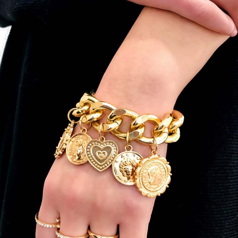 

Charm Bracelets Adjustable Bracket Punk Chain Coins Retro Jewelry Female Personality Relief Portrait Geometric HipHop