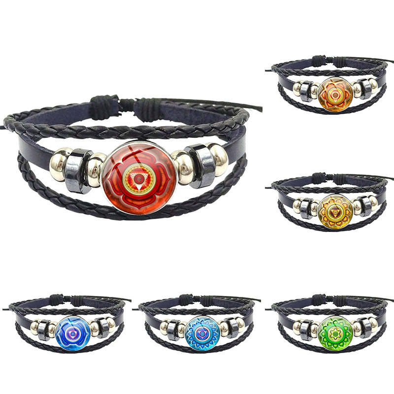 

For Girls Best Gift Statement Black Leather Bracelet Bangle Handmade Seven Chakra Yoga Reiki Healing Spiritual Design