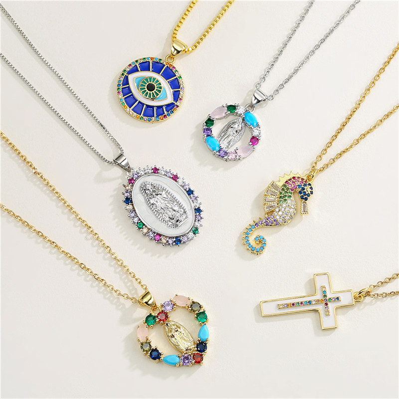 

13 Style Colourful Cubic Zirconia Necklace Luxury Evil Eye Pendant Necklace For Women Men Virgin Mary Cross Lucky Jewelry