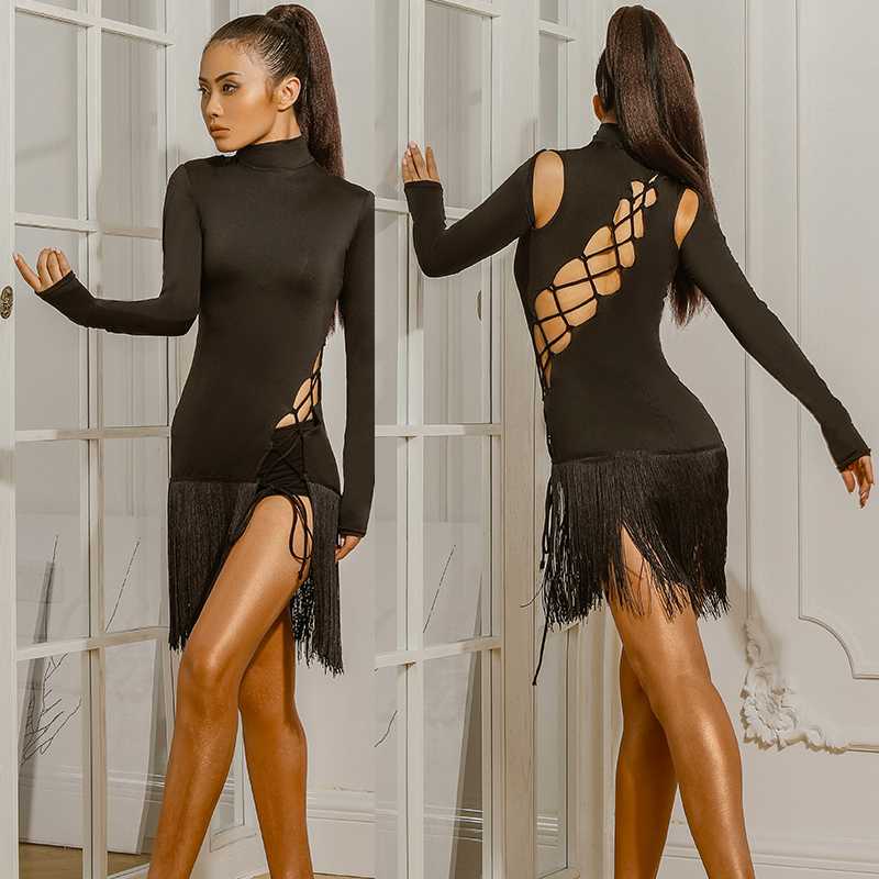 

ZYMdancestyle Sexy Latin Dance Dress 1948H Lady Rumba Practice Wear Long Sleeve HighNeck Fringe Bandage with Underwear Nice Back, Black
