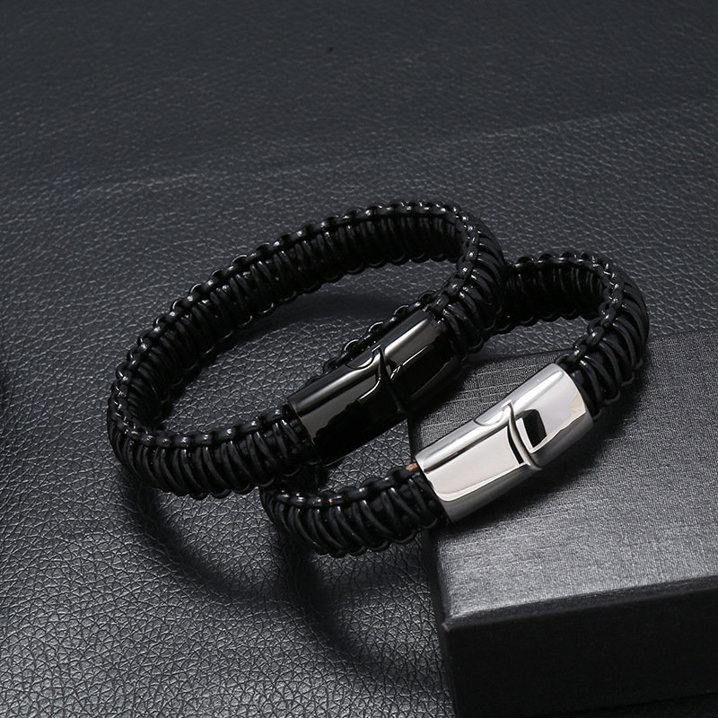 

Black Genuine Leather Braided Cord Chain Punk Men Bracelet Stainless Steel Magnetic Buckle Jewelry Accessories
