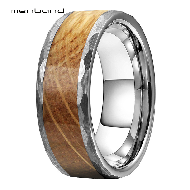 

Cool Hammer Ring Tungsten Engagement Wedding Bands for Men Women Real Whiskey Barrel Oak Wood inlay 8MM Ring Box Available