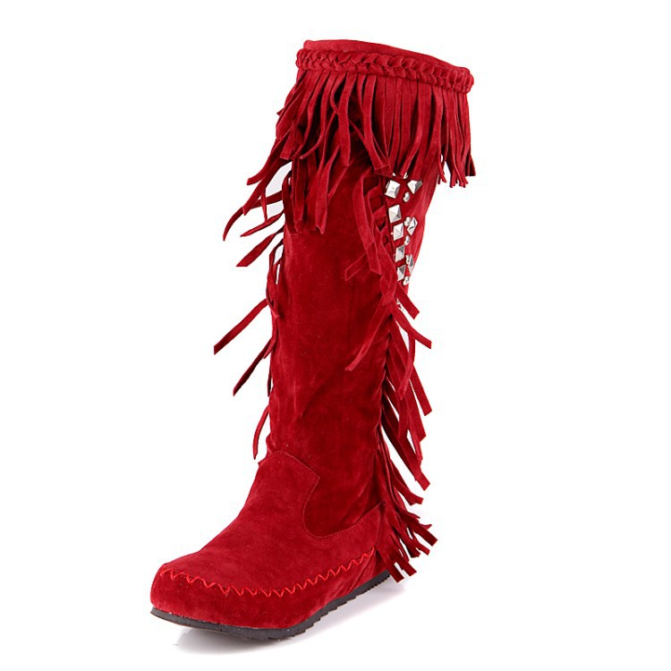 

New 2020 Autumn Winter Sexy Women's Boots Ethnic Embroidery Retro Tassel Rivet High Motorcycle Boots Large Size 35~43, Black