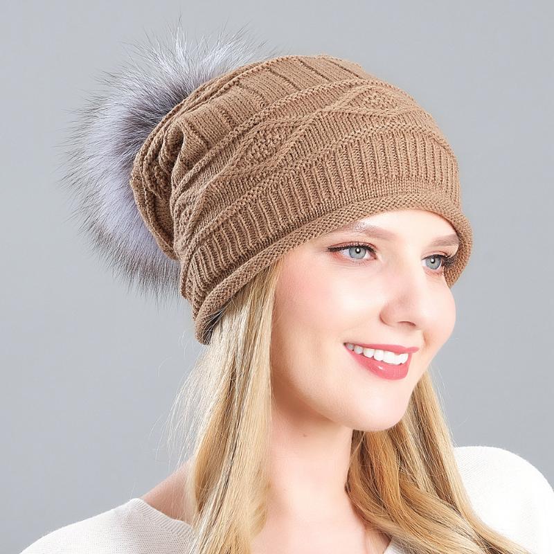 

Knitted Women's Winter Really Raccoon Dog Fur Ball Woolen Cap Autumn and Winter Thick Warm Earmuffs Hat