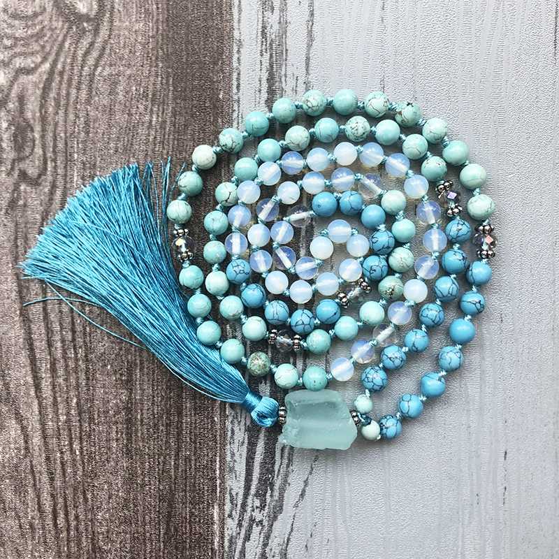 

Unique Raw Q-uartz Tassel Necklaces Moonstone & T-urquoise Mala Healing Stones 108 Knotted Necklace Long Tassel Boho Necklace