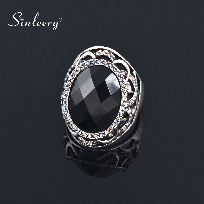 

SINLEERY Vintage Hollow Oval Big Wedding Rings Antique Silver Color Acrylic Crystal Rings For Women Fashion Jewelry JZ166 SSB