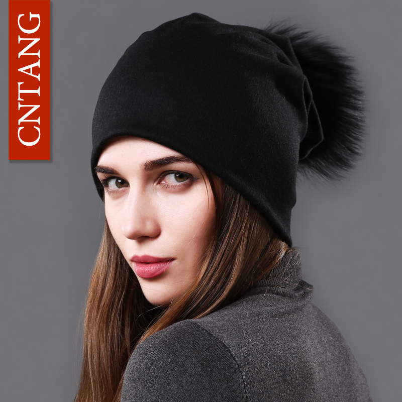 

CNTANG Female Natural Raccoon Fur Pompom Hats Beanies Autumn Winter Warm Solid Caps For Women Fashion Cotton Skullies Thin Hat, Black